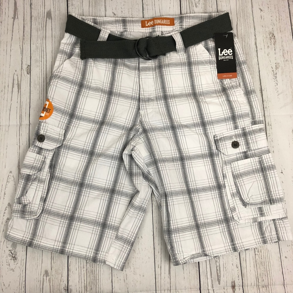 NEW LEE Mens Plaid Cargo Shorts White Gray Size 30